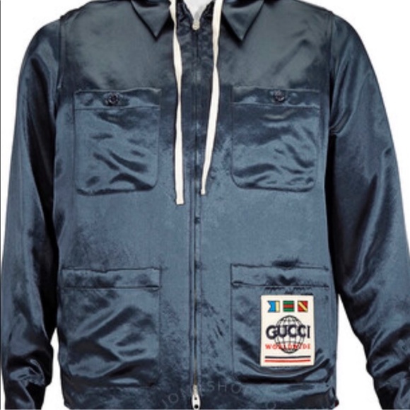 Gucci Dark Blue Satin Jacket with Light Gray Hood